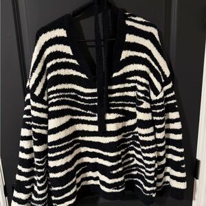 Black & White Striped Cozy V-Neck Women's Sweater